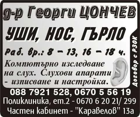 АМБУЛАТОРИЯ ЗА СПЕЦИАЛИЗИРАНА МЕДИЦИНСКА ПОМОЩ - ИНДИВИДУАЛНА ПРАКТИКА  ПО УШИ, НОСНИ И ГЪРЛЕНИ БОЛЕСТИ - Д-Р ГЕОРГИ ЦОНЧЕВ - ТРОЯН - СПЕЦИАЛИЗИРАНА МЕДИЦИНСКА ПОМОЩ: ИЗВЪРШВАНЕ НА: ДИАГНОСТИКА, ЛЕЧЕНИЕ, РЕХАБИЛИТАЦИЯ И НАБЛЮДЕНИЕ НА …